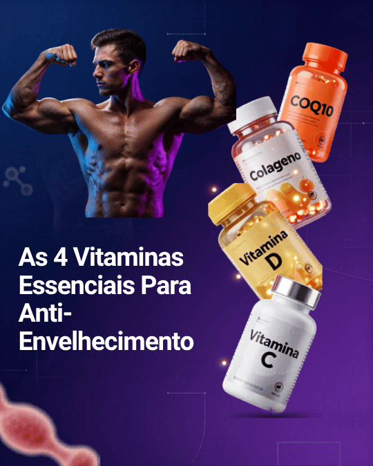 Vitaminas essenciais para anti-envelhecimento: C, D, Colágeno e CoQ10 com homem musculoso
