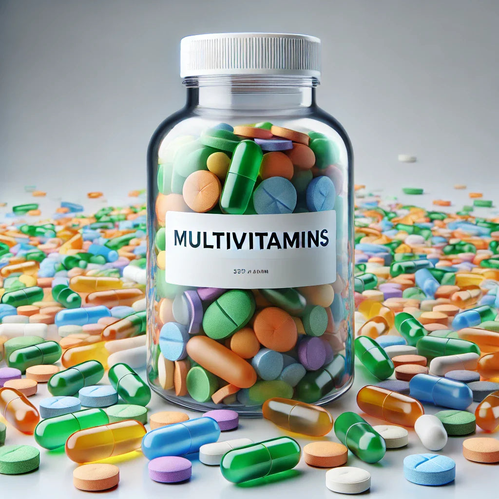 Frasco transparente de multivitamínicos com tampa branca, cápsulas coloridas ao redor.