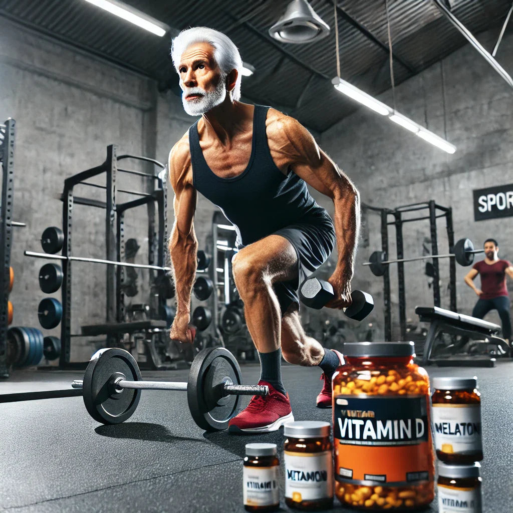 Idoso atlético se exercitando em academia com halteres, barra e suplementos vitamínicos visíveis.