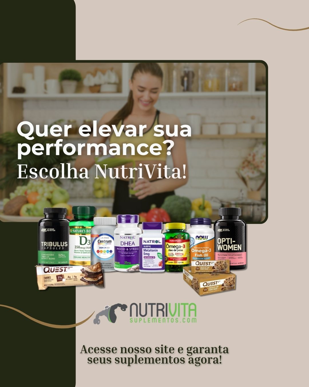 Mulher sorrindo em cozinha com frutas, suplemento alimentar e vitaminas NutriVita em destaque.