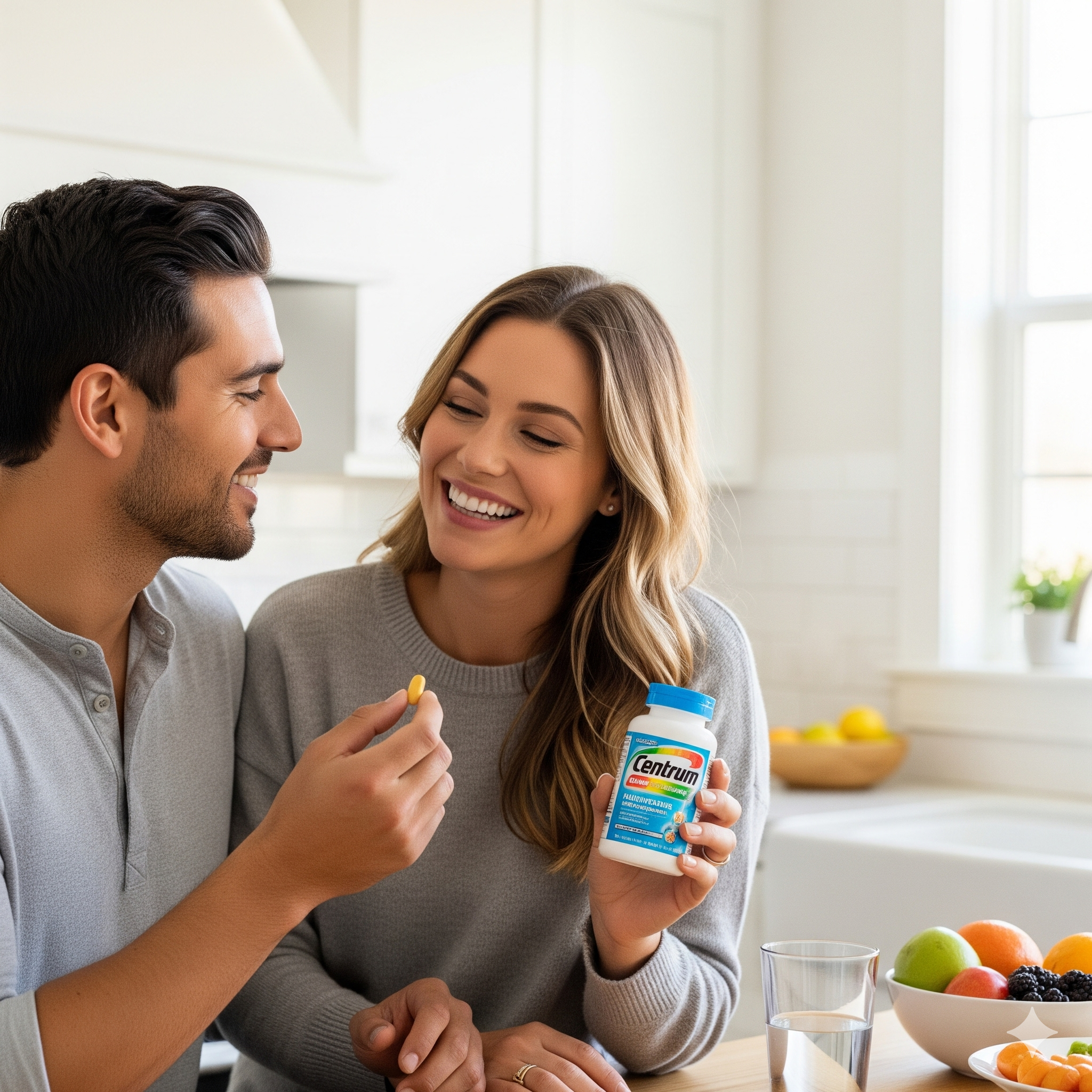 Casal feliz em cozinha clara. Mulher segura frasco de vitamina Centrum, homem segura pílula. Frutas na mesa. Transmite bem-estar e saúde.