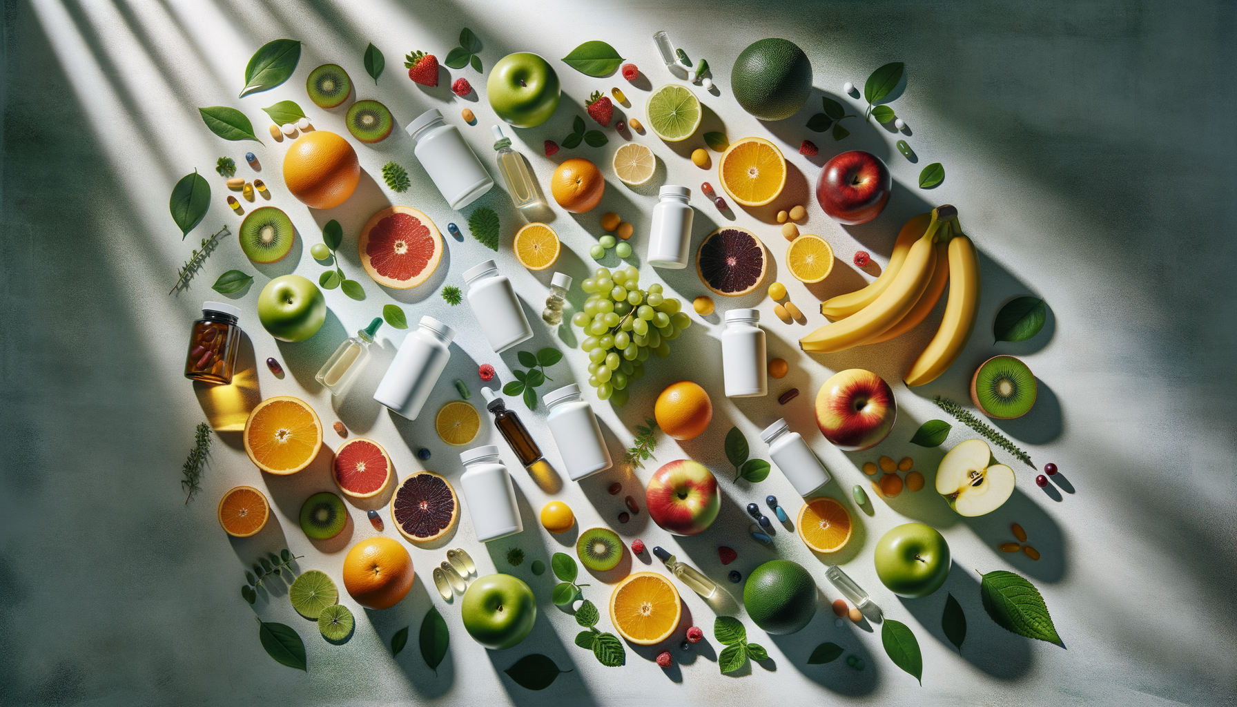 bright supplement bottles on clean table with fruits and green leaves, sunlit and fresh