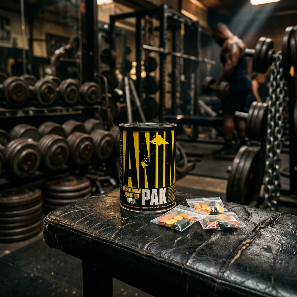 Animal Pak original da Universal nutrition e academia de musculação 'old school' e pesada, com racks de halteres de ferro e anilhas