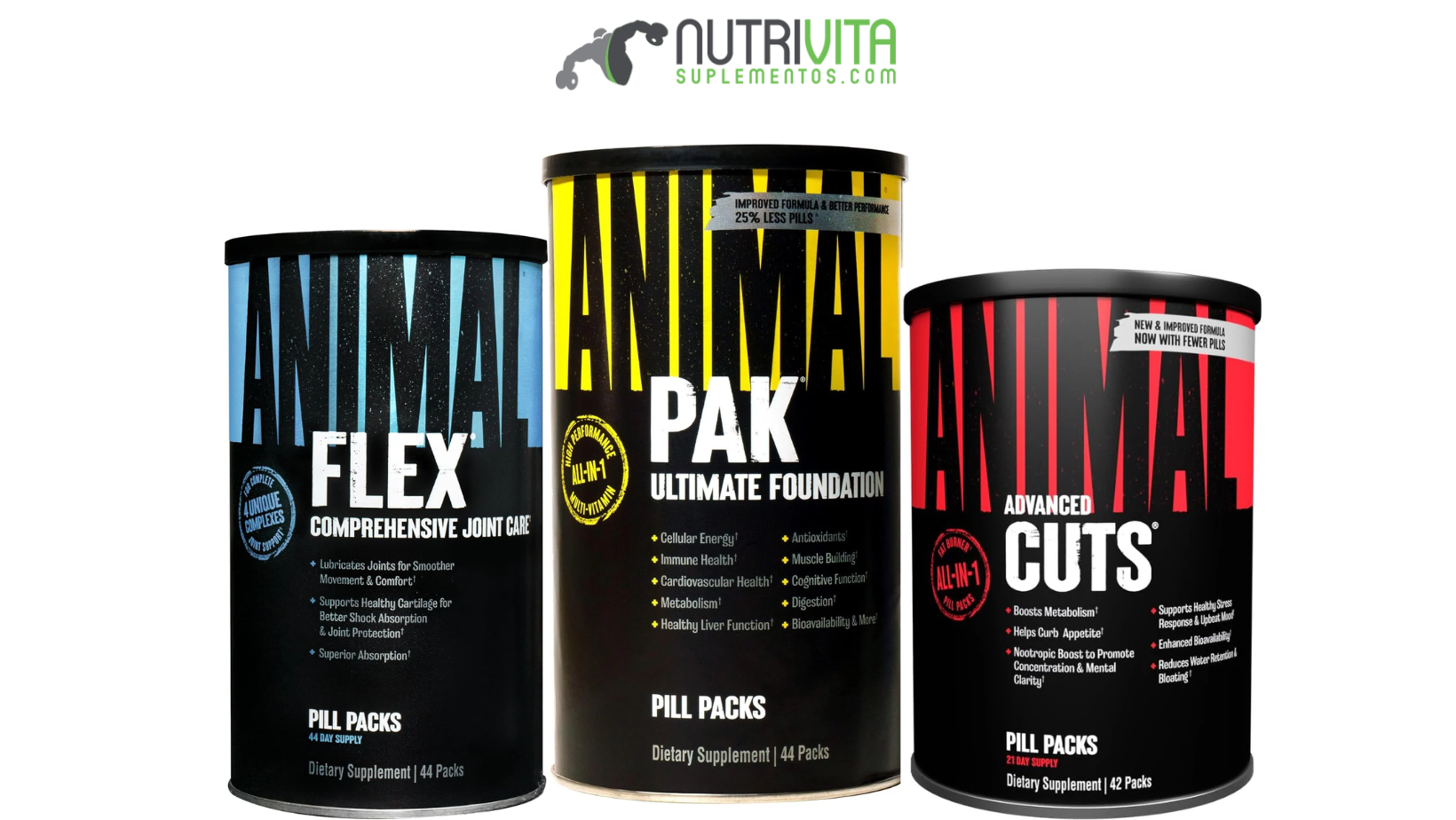 Suplementos Animal Flex, Pak e Cuts em embalagens coloridas, voltados para saúde, energia e definição muscular.