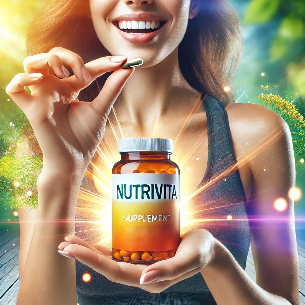 Mulher sorrindo segura cápsula e frasco de suplemento NutriVita ao ar livre, luz solar e natureza
