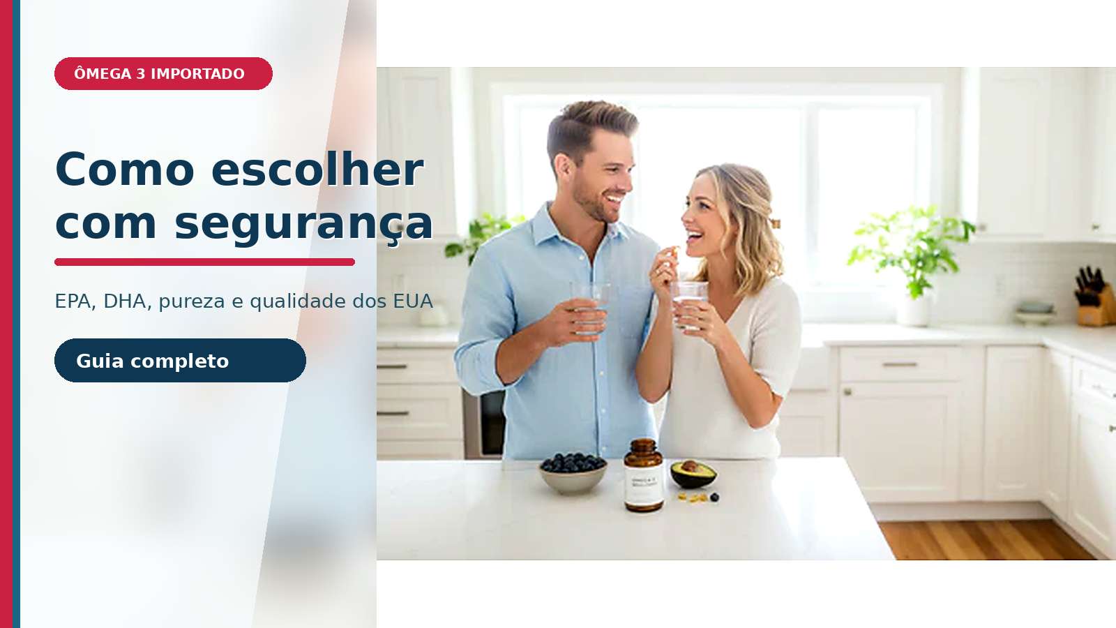Casal em cozinha clara tomando cápsulas de ômega 3 com copos de água e frasco de suplemento sobre o balcão.