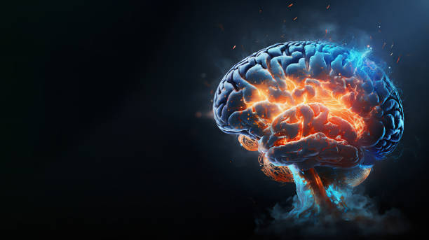 Ilustração digital de cérebro humano com efeitos de energia, conceito de cognição ativa e saúde mental.