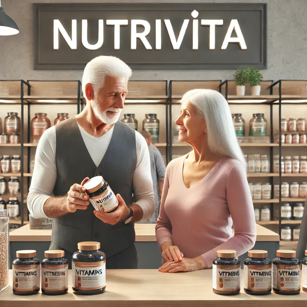 Casal sênior sorrindo em loja de suplementos importados, frascos de vitaminas em destaque.