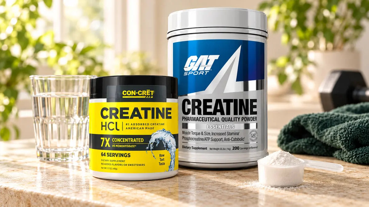 Creatina HCl CON-CRET de 64 porções e creatina monohidratada GAT de 1 kg, ao lado de um copo de água e uma medida de pó.