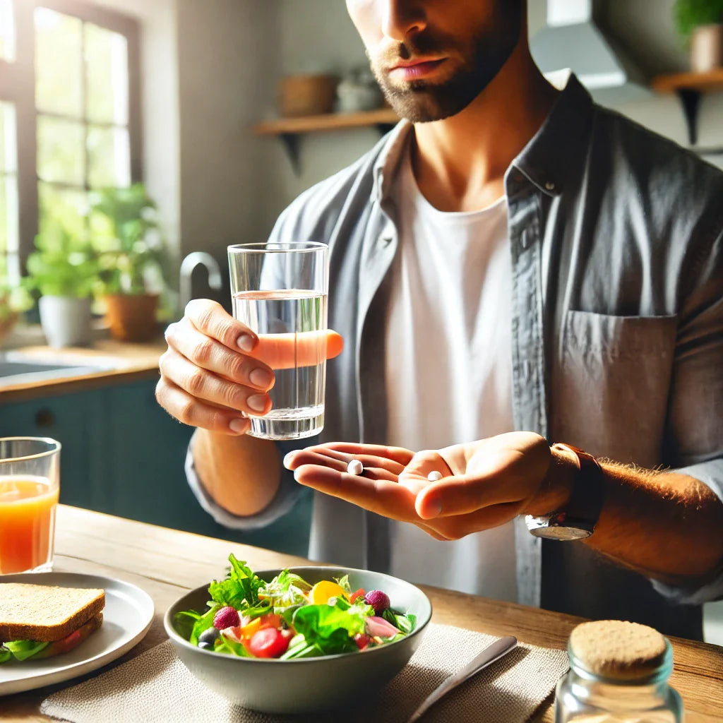 Homem tomando multivitamínicos com água ao lado de salada e suco na cozinha.