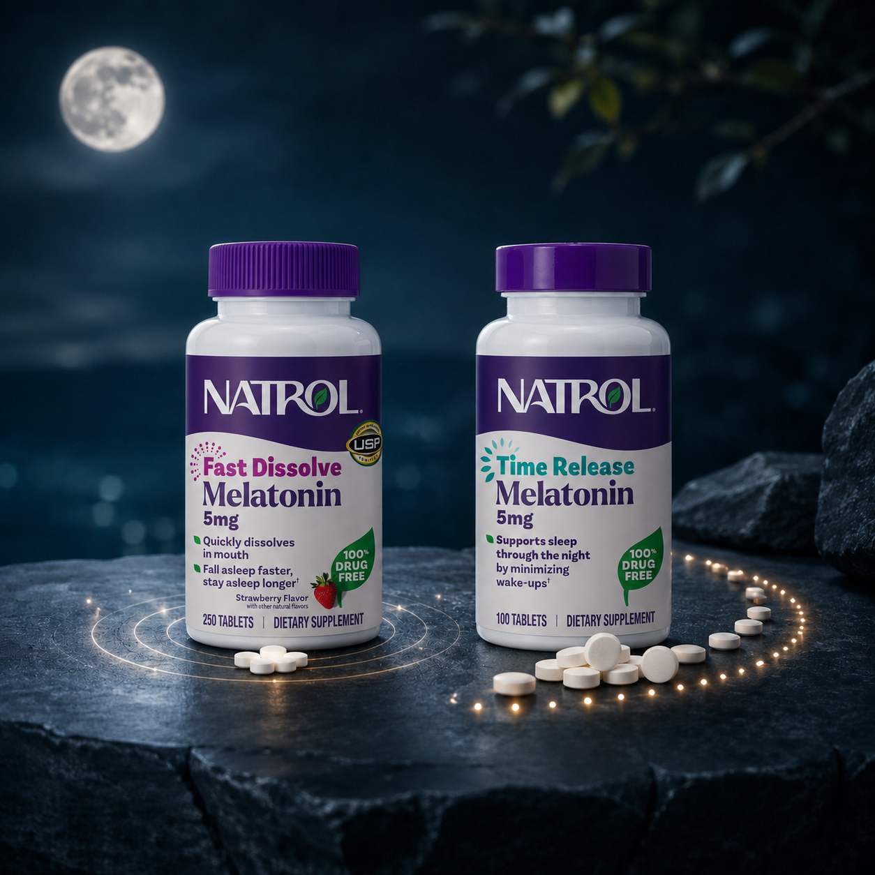 Melatonina de liberação rápida e prolongada representadas por frascos de suplementos em cenário noturno.