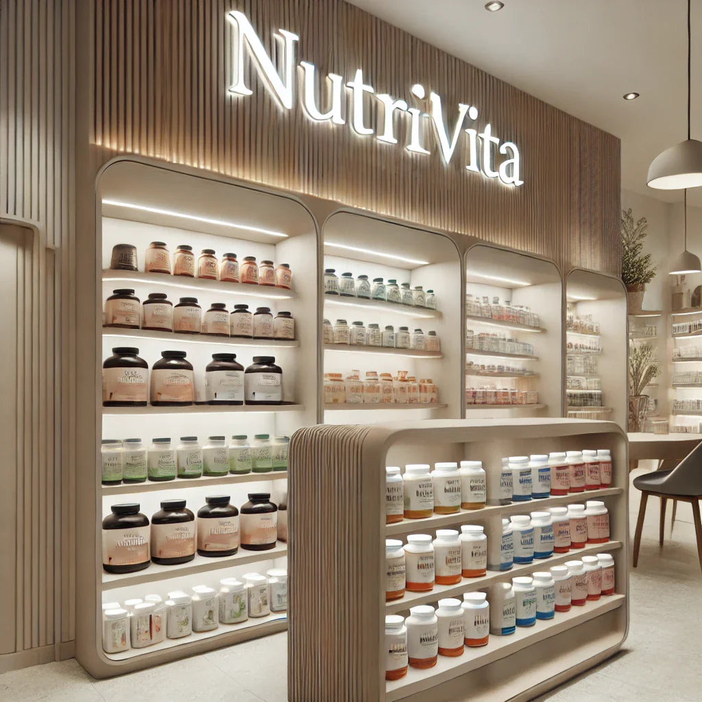 Prateleiras com suplementos alimentares e multivitamínicos em loja moderna iluminada.