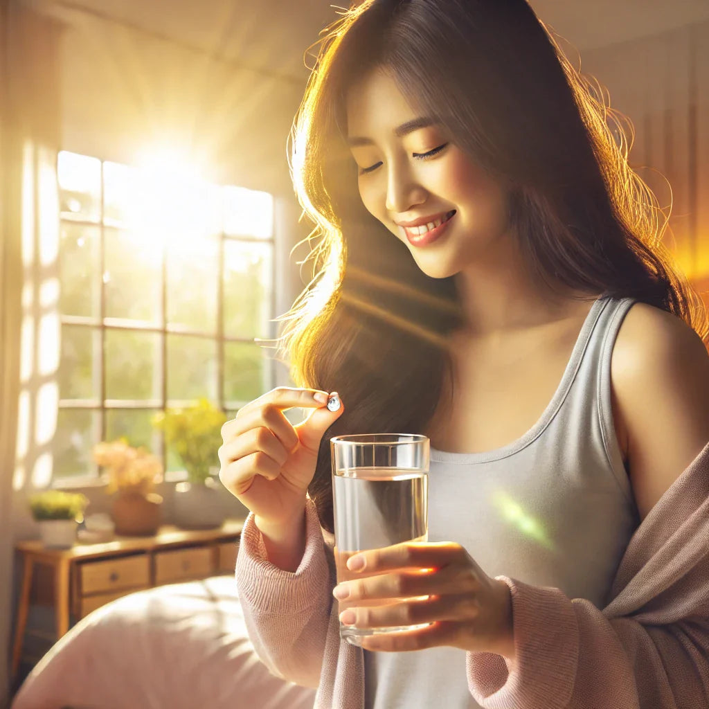 Mulher sorrindo segurando cápsula de vitamina D e copo de água ao amanhecer, luz solar entrando pela janela.
