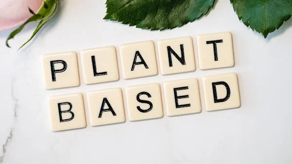 Blocos com as palavras plant based em fundo branco com folhas verdes, conceito vegano.