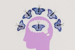 Ilustração de cabeça roxa com borboletas azuis destacando conceito de saúde mental.