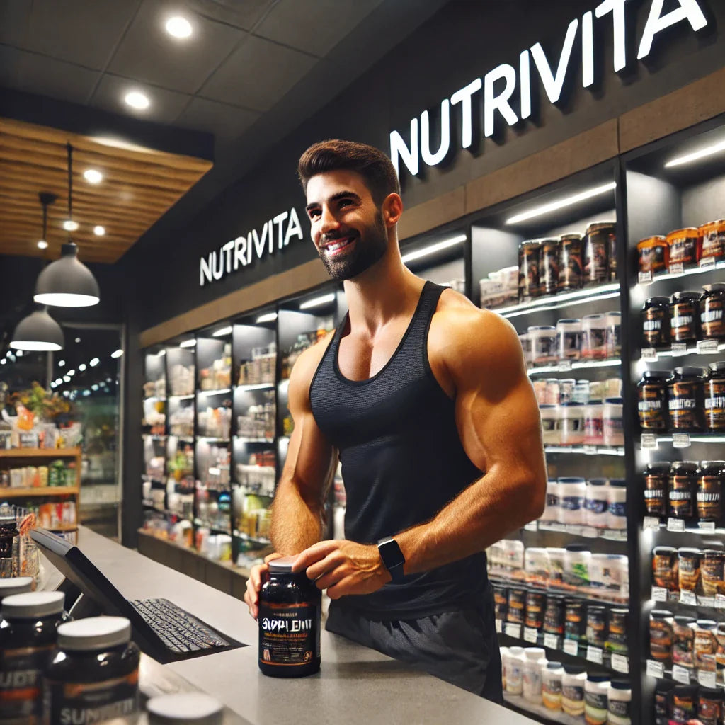 Homem musculoso em loja de suplementos, segurando pote de suplemento importado