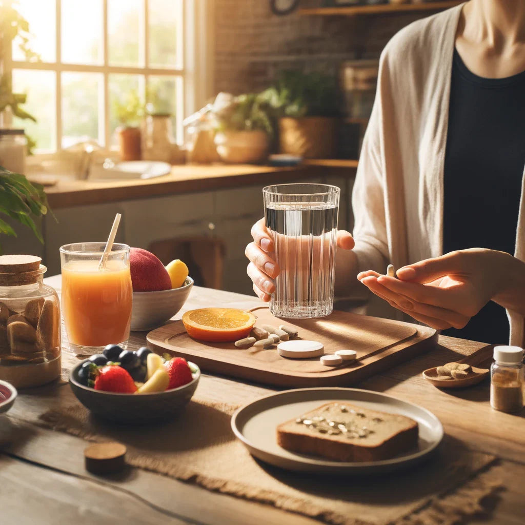 Suplementos naturais para emagrecimento sobre mesa com frutas, suco e copo d'água.