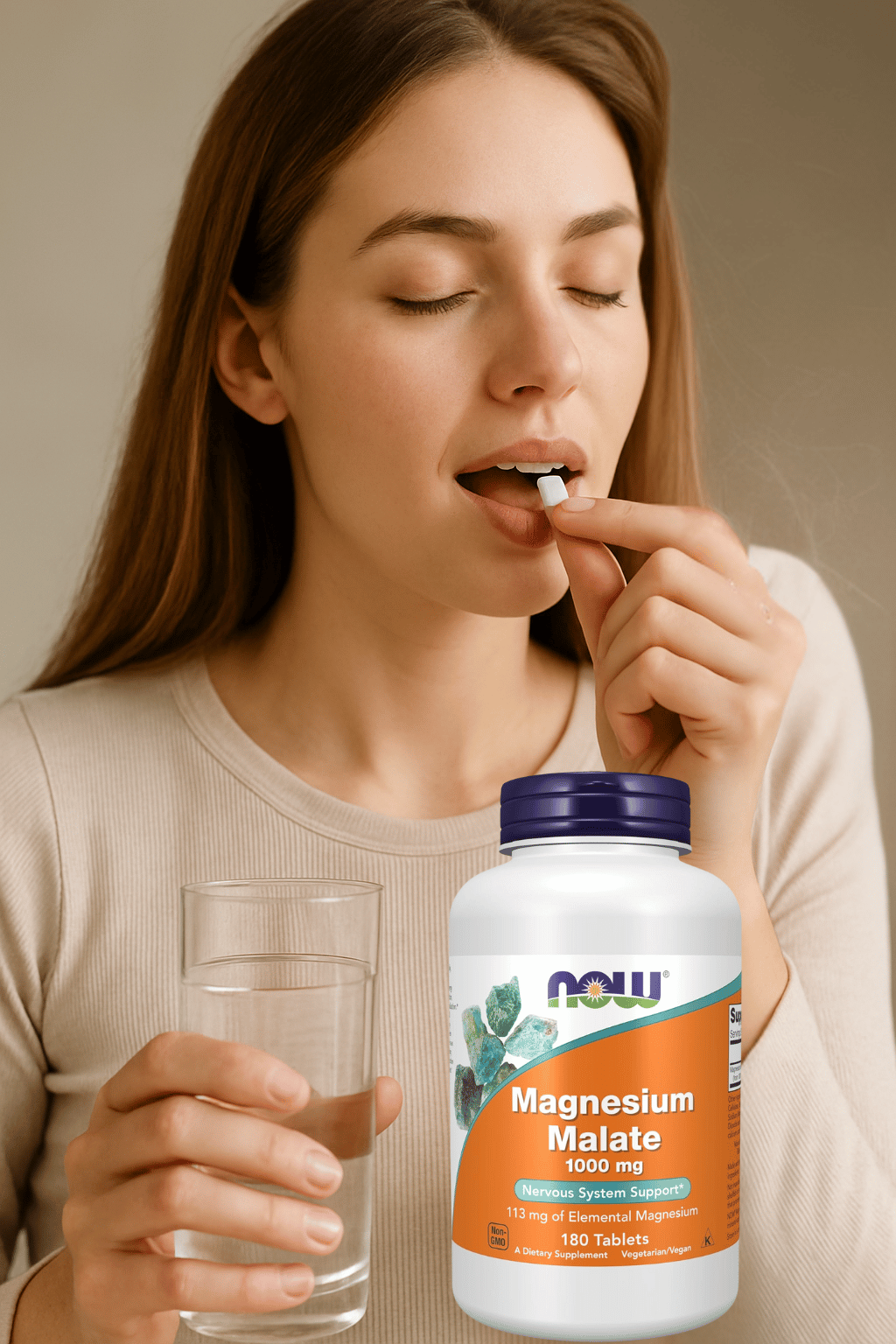 Mulher tomando suplemento de magnésio com copo de água, frasco de Magnesium Malate em destaque.