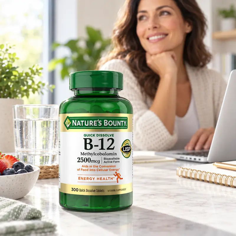 Vitamina B12 Nature’s Bounty 2500 mcg em destaque, com mulher sorridente em um ambiente iluminado.