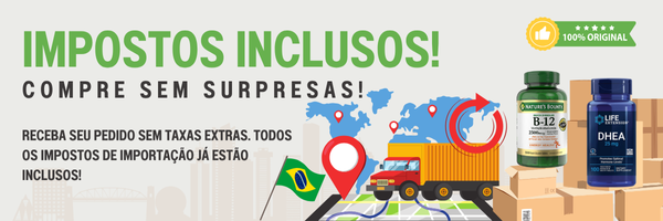 Banner com texto impostos inclusos, mapa, caminhão, caixas, suplementos importados e bandeira do Brasil.