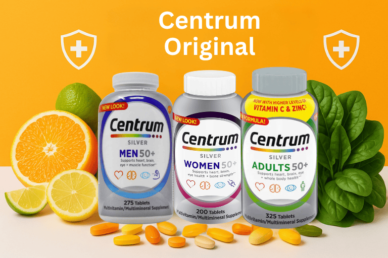 coleção produtos da Centrum Silver, Centrum Adultos, Centrum para homens e Centrum para mulheres.