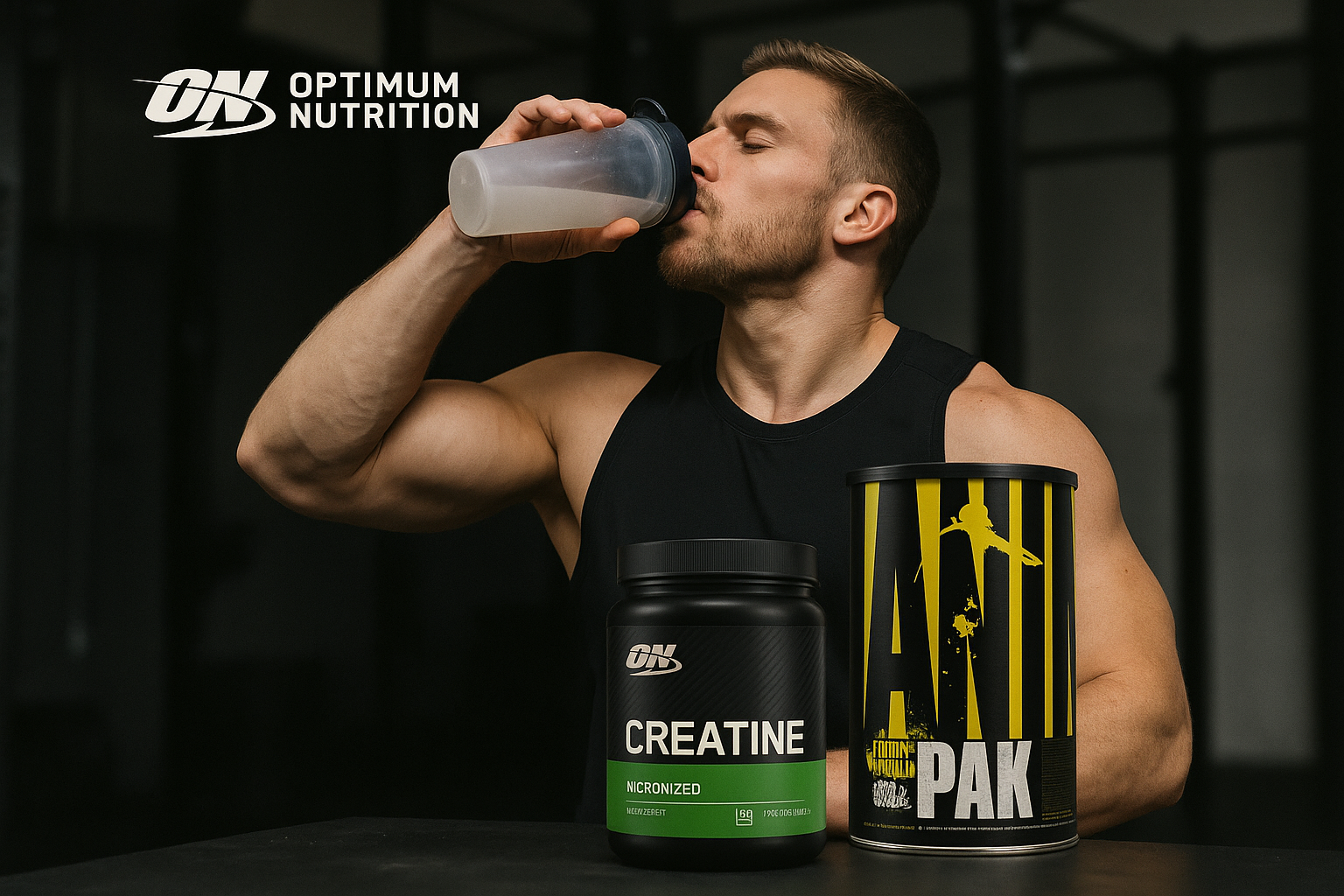 Atleta na academia tomando creatina. Navegue por nossa coleção de creatinas importadas, com a certeza de estar comprando um produto 100% original e sem surpresas na entrega.