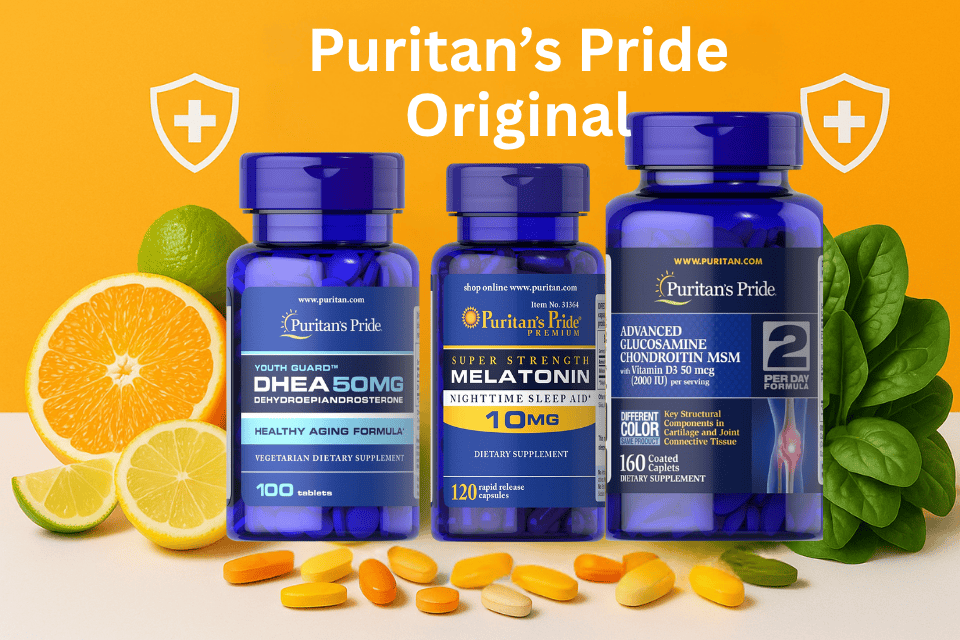 Suplementos alimentares Puritan’s Pride em frascos azuis com frutas e cápsulas ao redor.