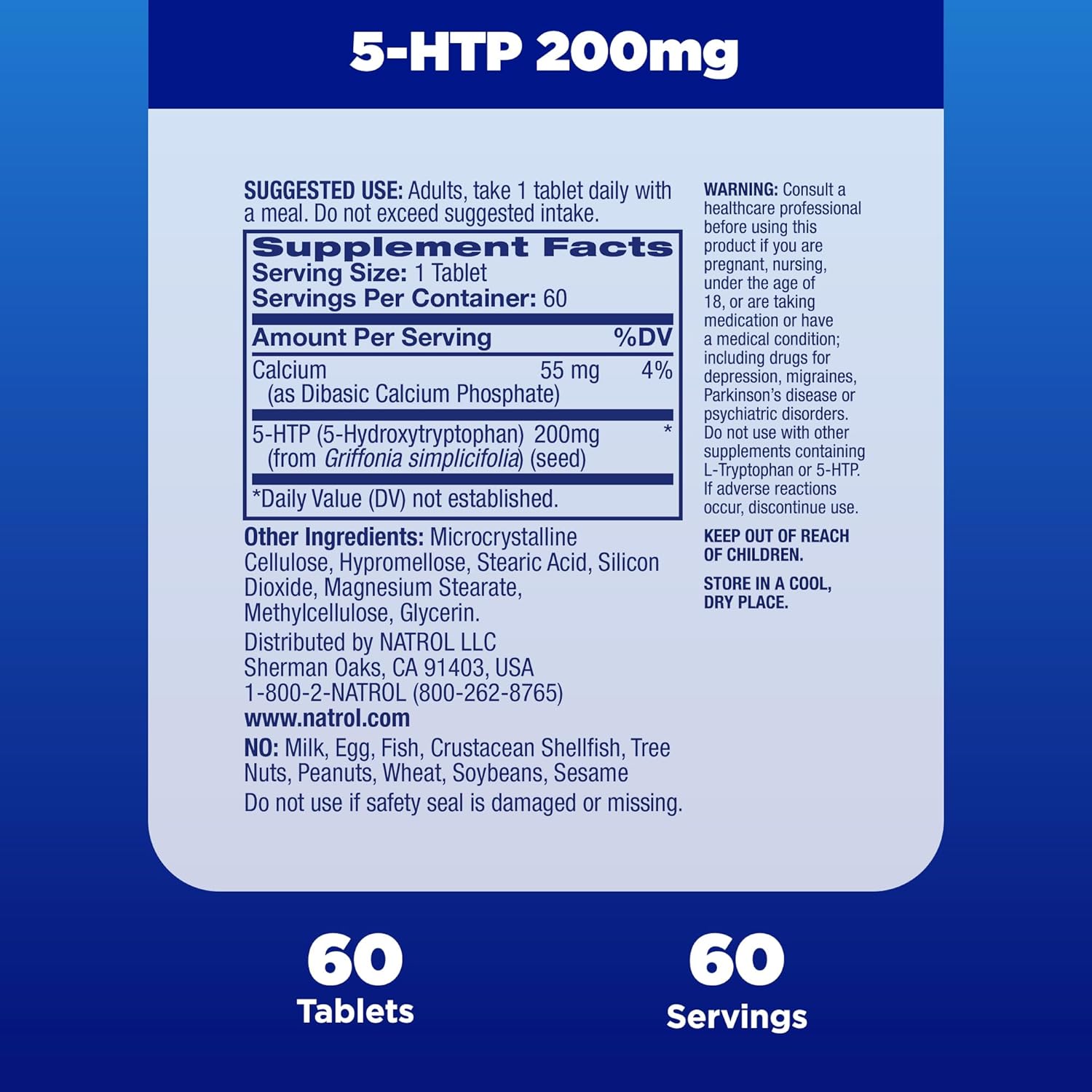 Frasco do suplemento Natrol 5-HTP TR 200mg com 60 comprimidos – suporte natural ao humor, sono e controle de apetite