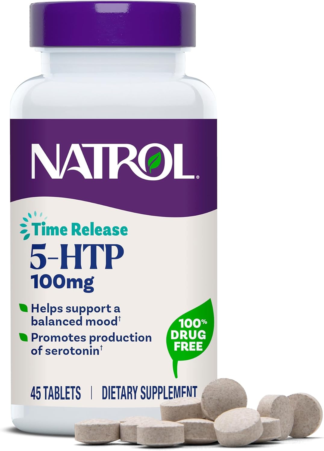 Frasco de Natrol 5-HTP 100mg Time Release 45 comprimidos.