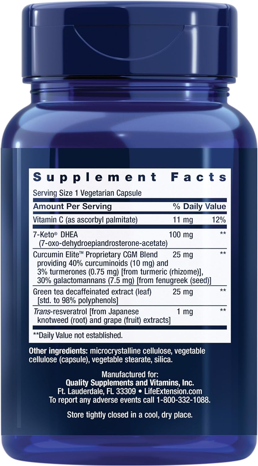 Frasco branco do suplemento Life Extension 7-Keto DHEA Metabolite 100 mg com 60 cápsulas vegetais, focado no controle de peso e aceleração do metabolismo.