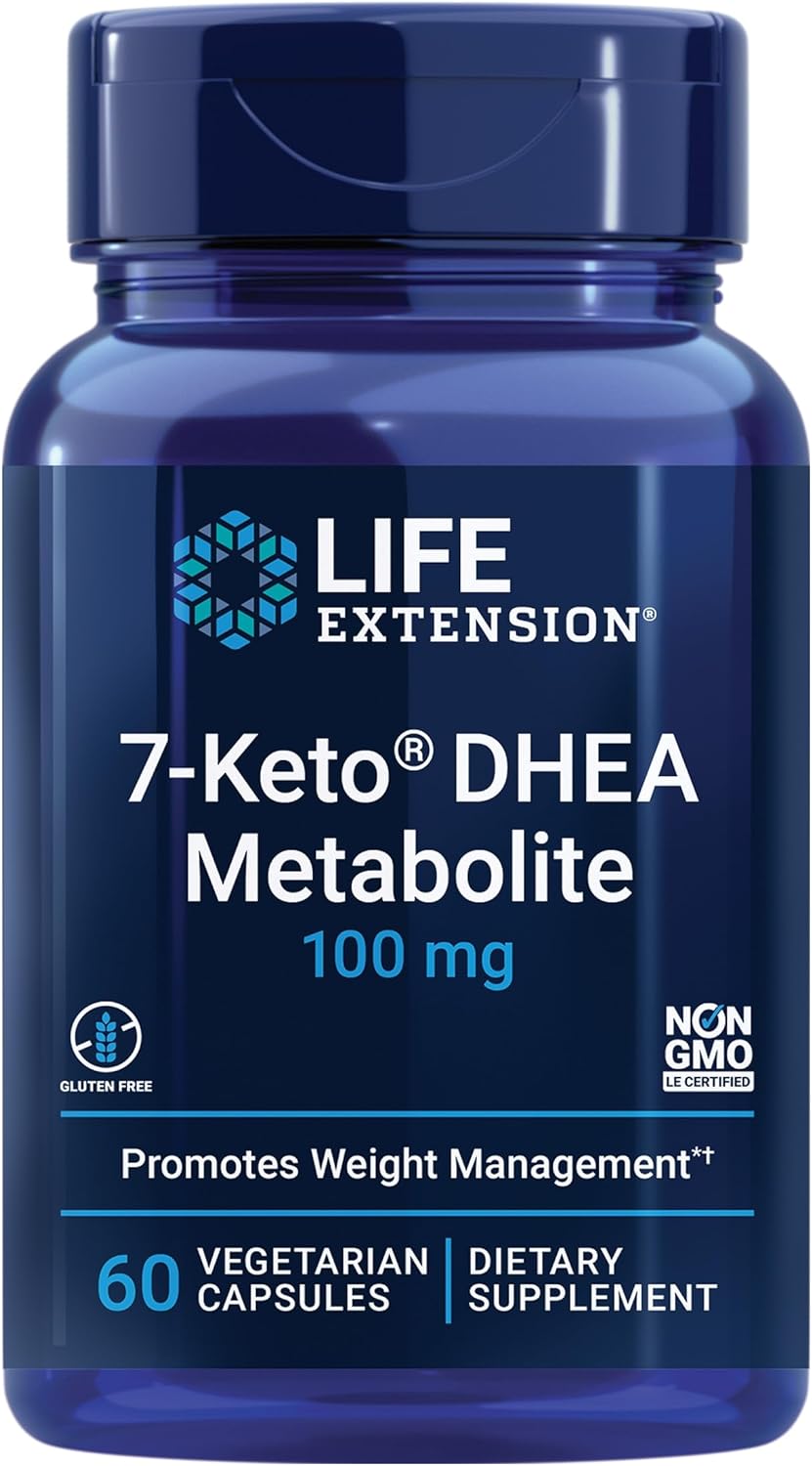 Frasco branco do suplemento Life Extension 7-Keto DHEA Metabolite 100 mg com 60 cápsulas vegetais, focado no controle de peso e aceleração do metabolismo.