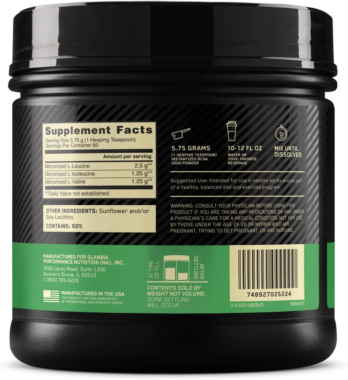 Pote preto de suplemento BCAA 5000 com rótulo verde, informações nutricionais e instruções de uso, fabricado nos EUA