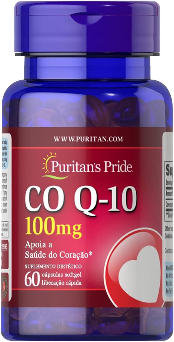 Frasco Puritan's Pride Q-Sorb® CoQ10 100mg, 60 softgels de liberação rápida, suplemento antioxidante para saúde do coração e energia celular.