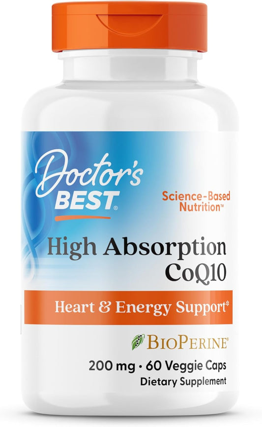 Frasco de CoQ10 Doctor's Best 200mg High Absorption com BioPerine, 60 cápsulas veganas, suplemento original importado dos EUA.