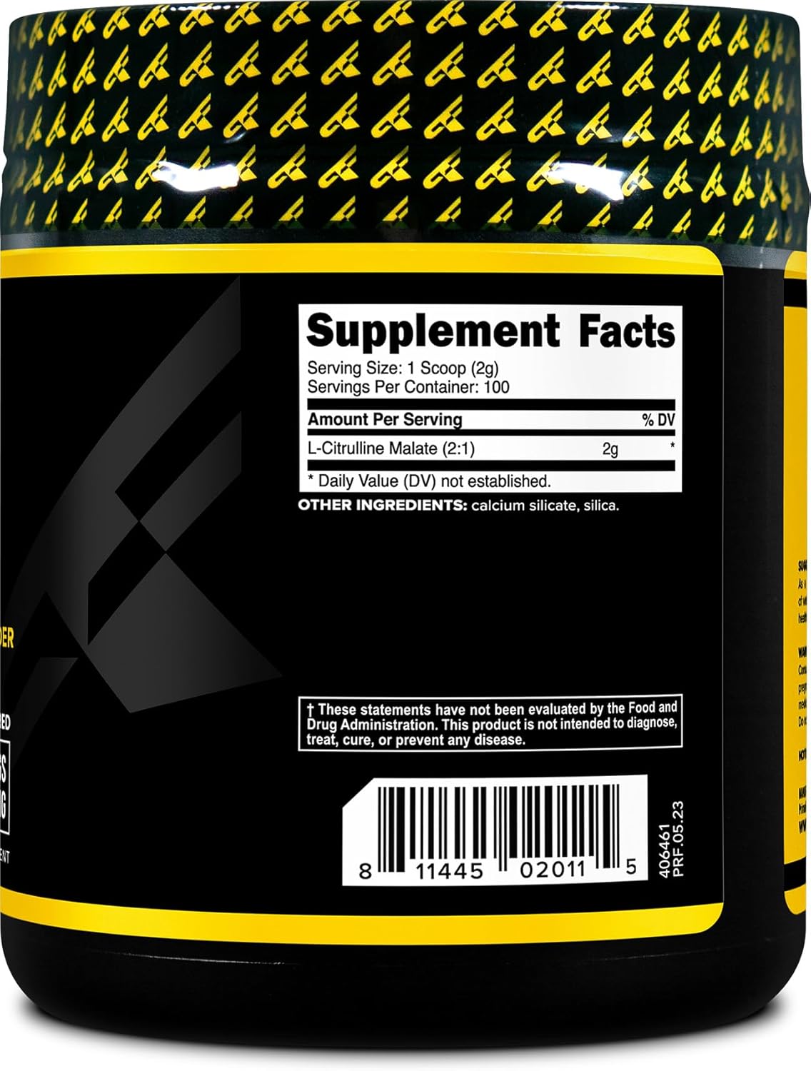 Pote do suplemento Primaforce Citrulline Malate, um pó de citrulina malato pura com 200 gramas, mostrando o rótulo preto e branco da marca.