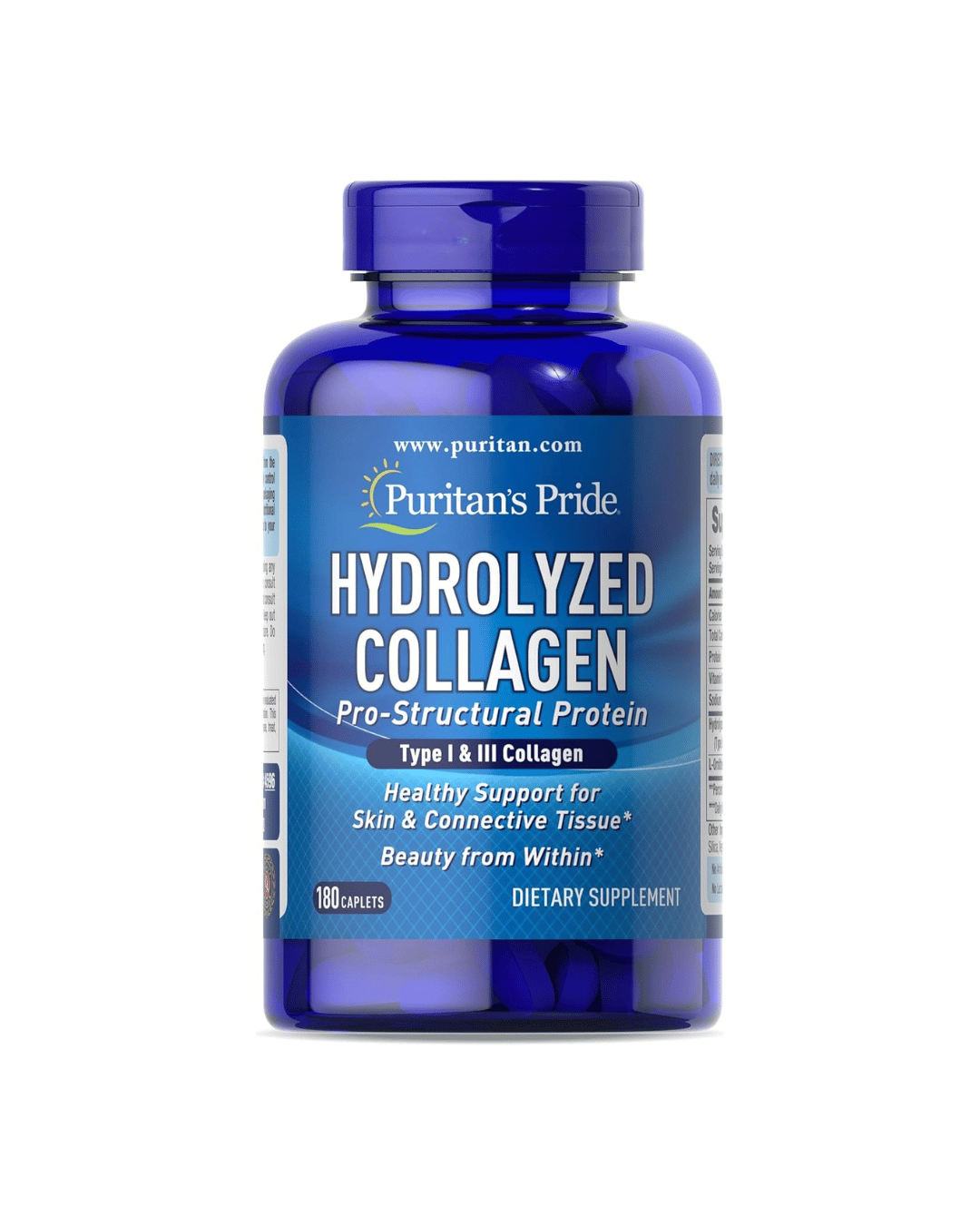 Frasco do suplemento Colágeno Hidrolisado 1000 mg da Puritan's Pride com 180 cápsulas, para a saúde da pele, cabelos, unhas e articulações.