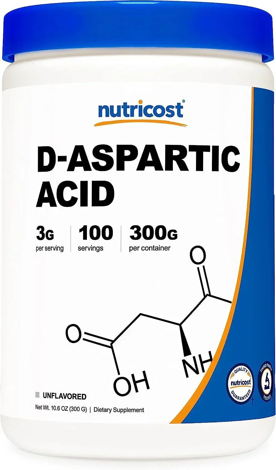 Frasco frontal do suplemento Nutricost Ácido D-Aspártico (DAA) em pó 300g, destacando a pureza do produto e o selo de 100 porções.