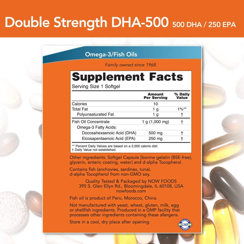 Frasco do suplemento NOW Foods DHA-500, com 180 cápsulas de gel (softgels), mostrando o rótulo com a concentração de 500 DHA e 250 EPA para suporte à saúde cerebral.