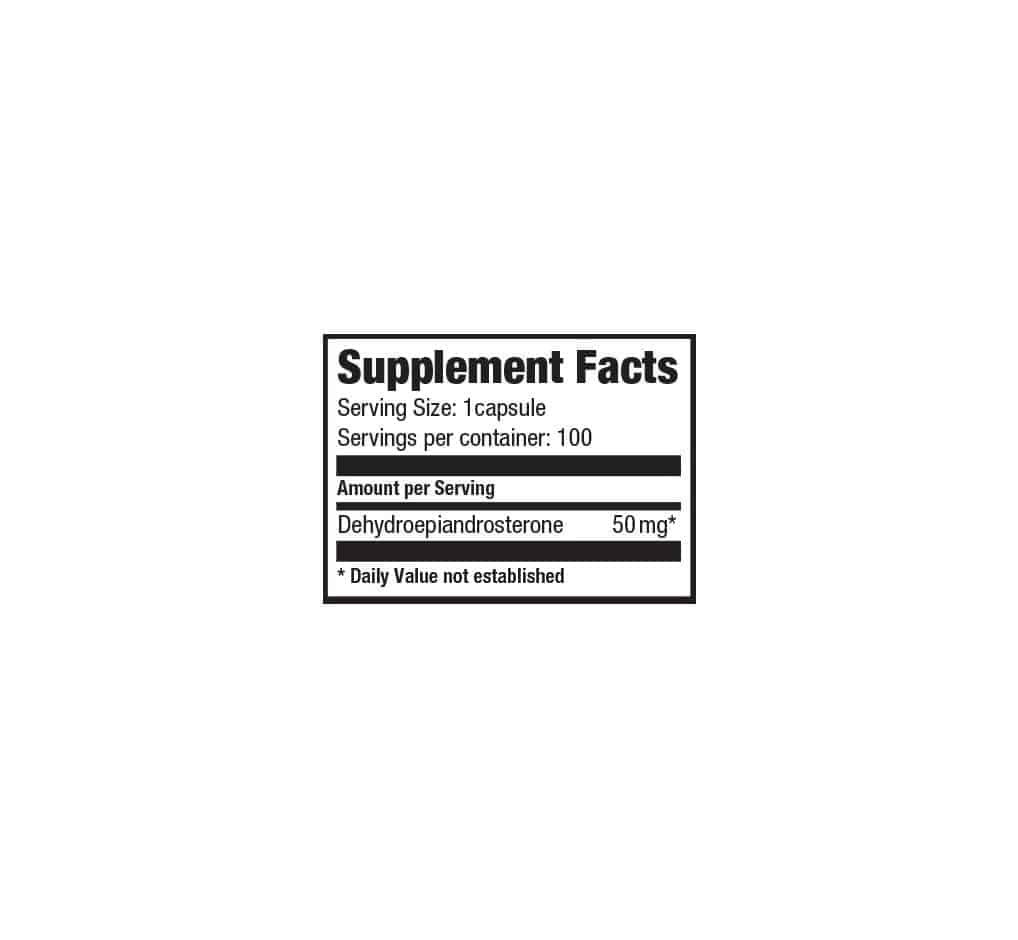 Tabela nutricional do Ultimate Nutrition DHEA: porção de 1 cápsula com 50 mg de dehidroepiandrosterona e 100 porções por frasco.