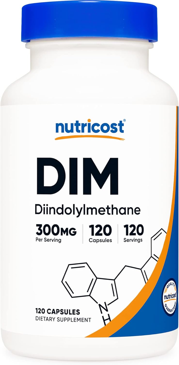 Frasco Nutricost DIM 300mg com BioPerine®, 120 cápsulas vegetarianas, suplemento de força máxima para equilíbrio hormonal e bem-estar.