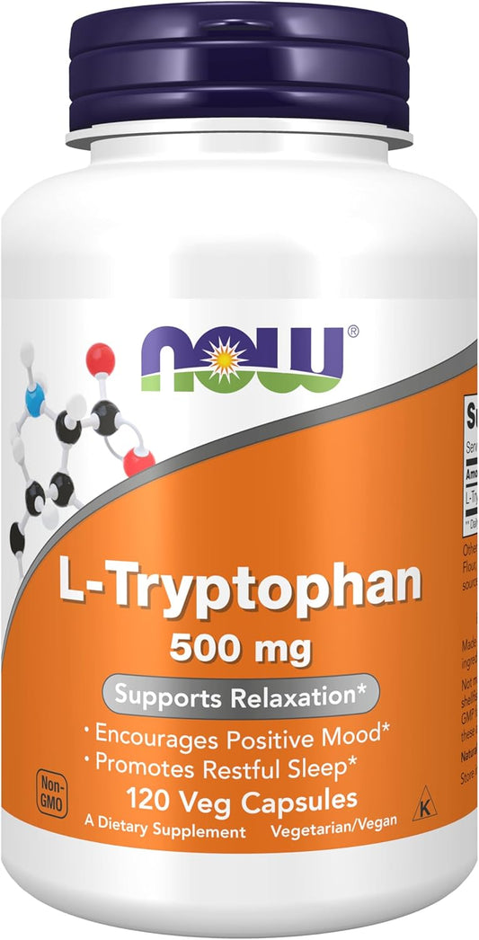 Frasco do L-Triptofano 500 mg da NOW Foods com 120 cápsulas vegetais.