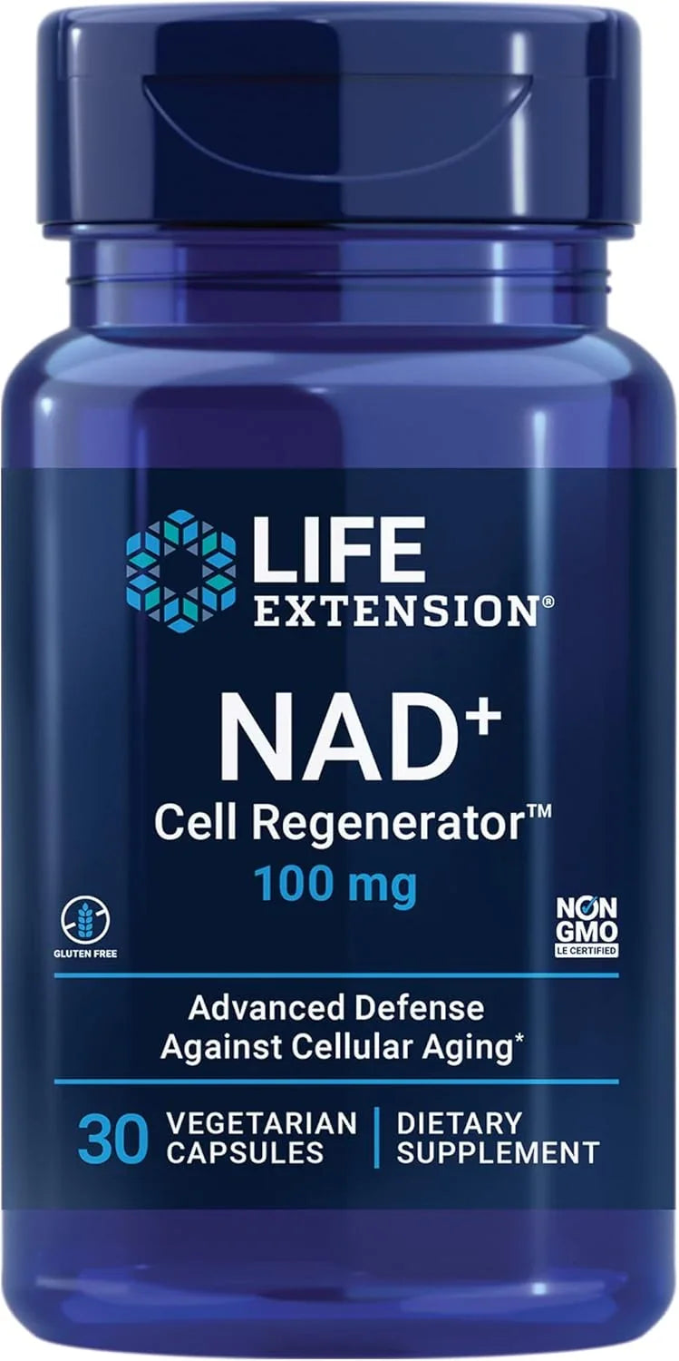 Frasco do suplemento Life Extension NAD+ Cell Regenerator 100 mg com 30 cápsulas vegetarianas, contendo Niagen, importado dos EUA e vendido pela Nutrivita Suplementos.