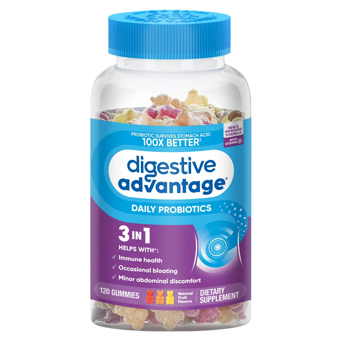 Pote de Schiff Digestive Advantage Probiótico em Gomas, com 120 unidades. O suplemento contém probióticos BC-30 e Vitamina D para a saúde digestiva e imunológica.
