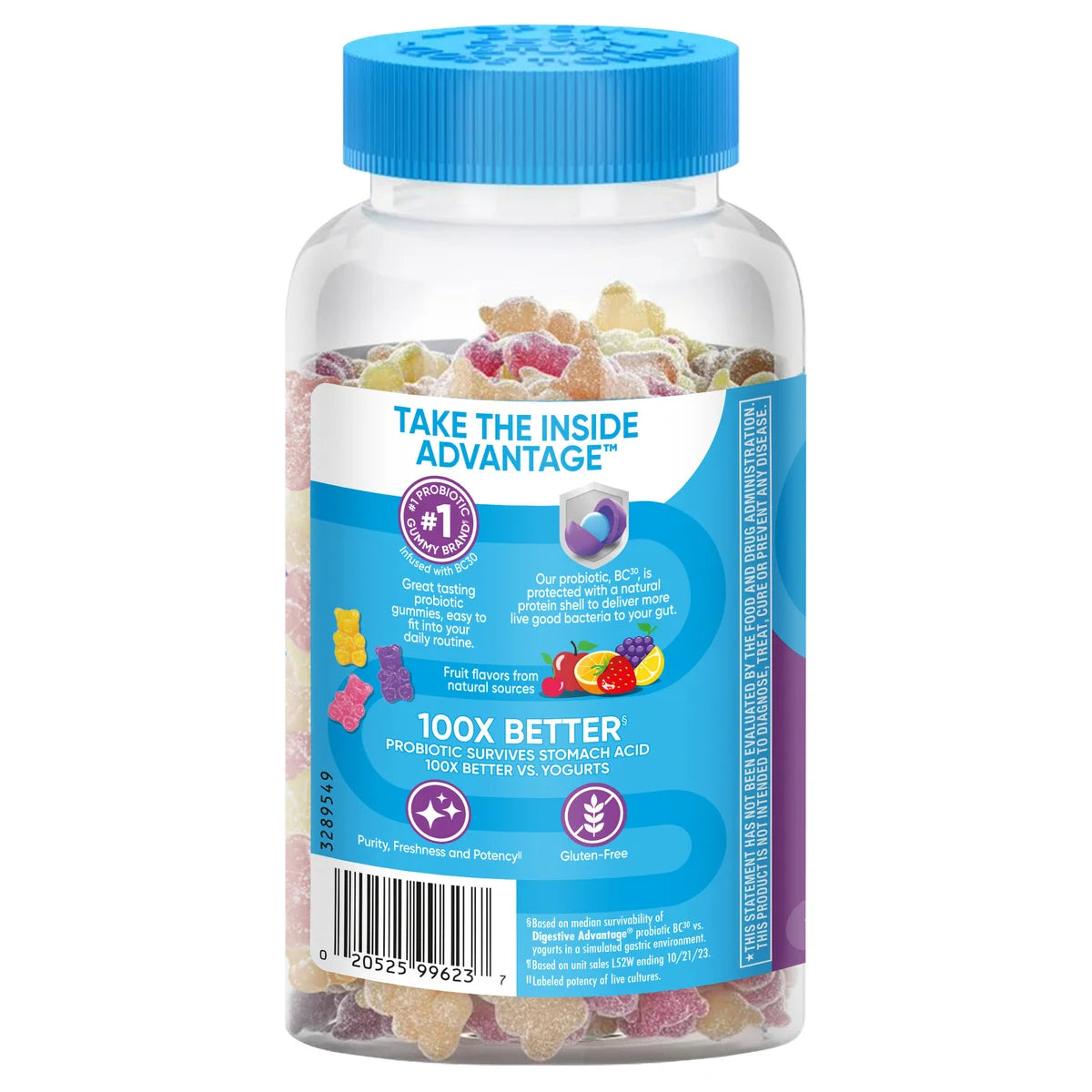 Pote de Schiff Digestive Advantage Probiótico em Gomas, com 120 unidades. O suplemento contém probióticos BC-30 e Vitamina D para a saúde digestiva e imunológica.