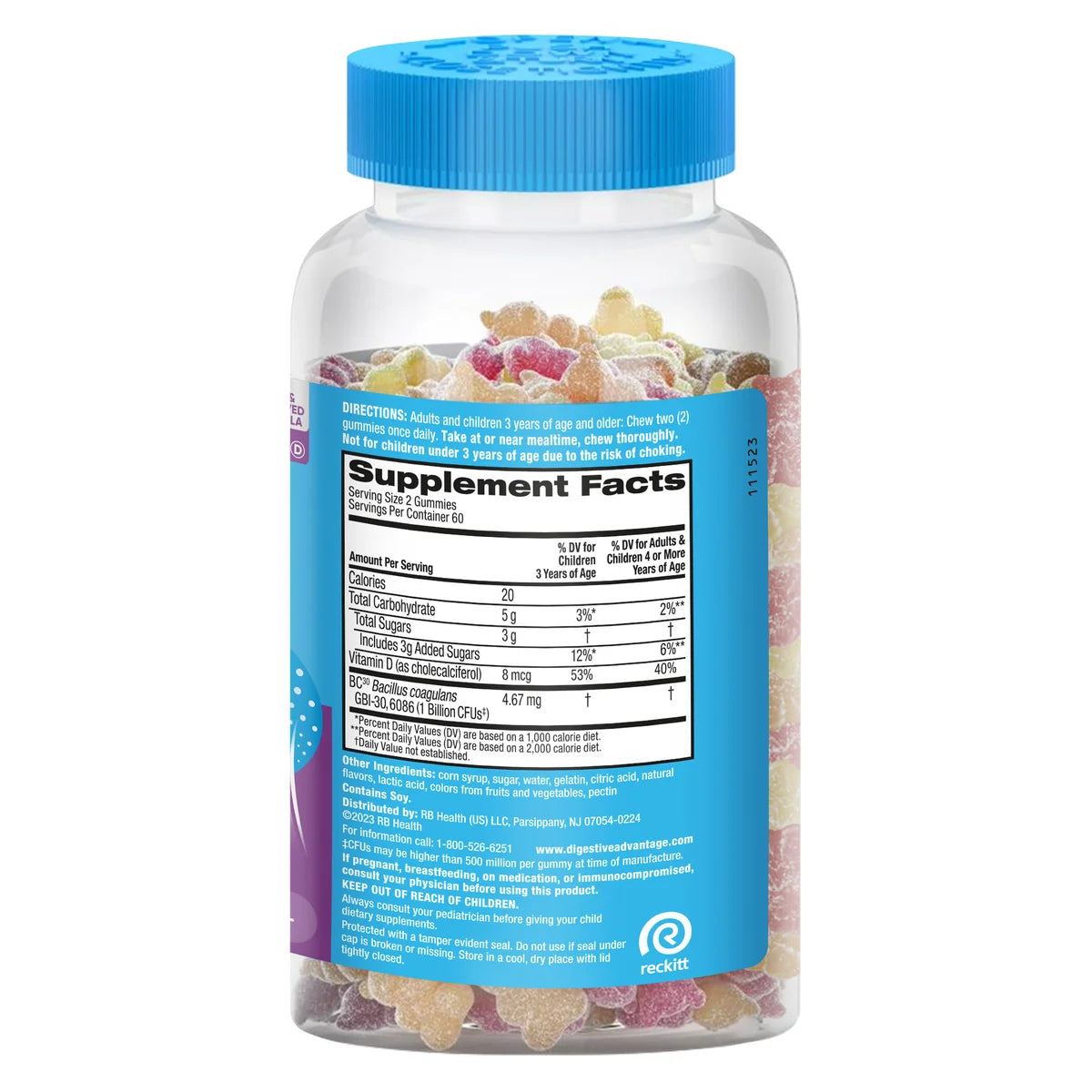 Pote de Schiff Digestive Advantage Probiótico em Gomas, com 120 unidades. O suplemento contém probióticos BC-30 e Vitamina D para a saúde digestiva e imunológica.