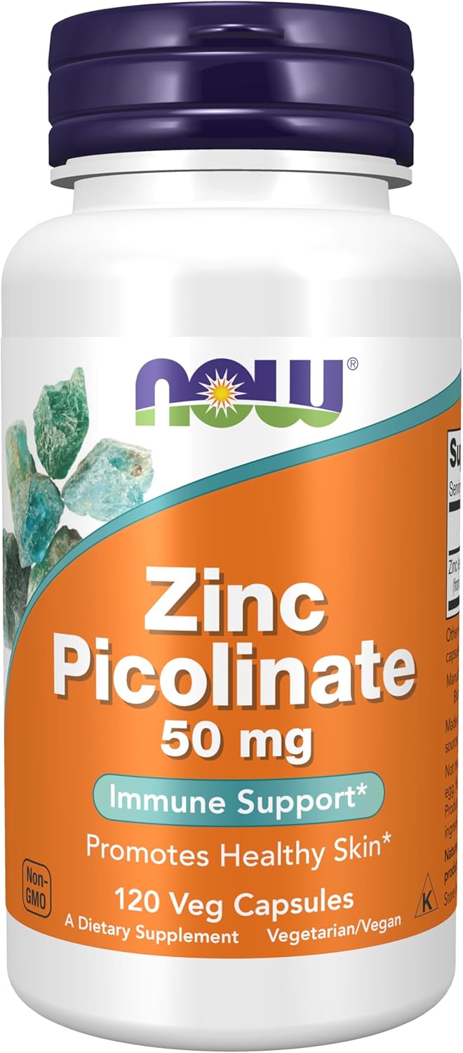 Frasco frontal de Zinco Picolinato NOW Foods 50mg com 120 cápsulas vegetais.