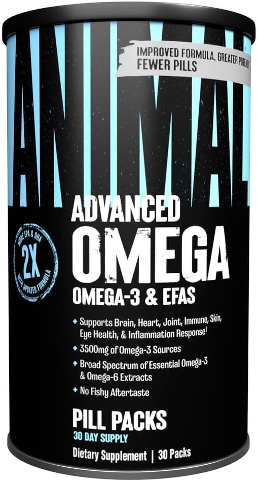 Embalagem de suplemento Animal Advanced Omega-3, cápsulas de ômega-3 e EFAs, 30 packs.