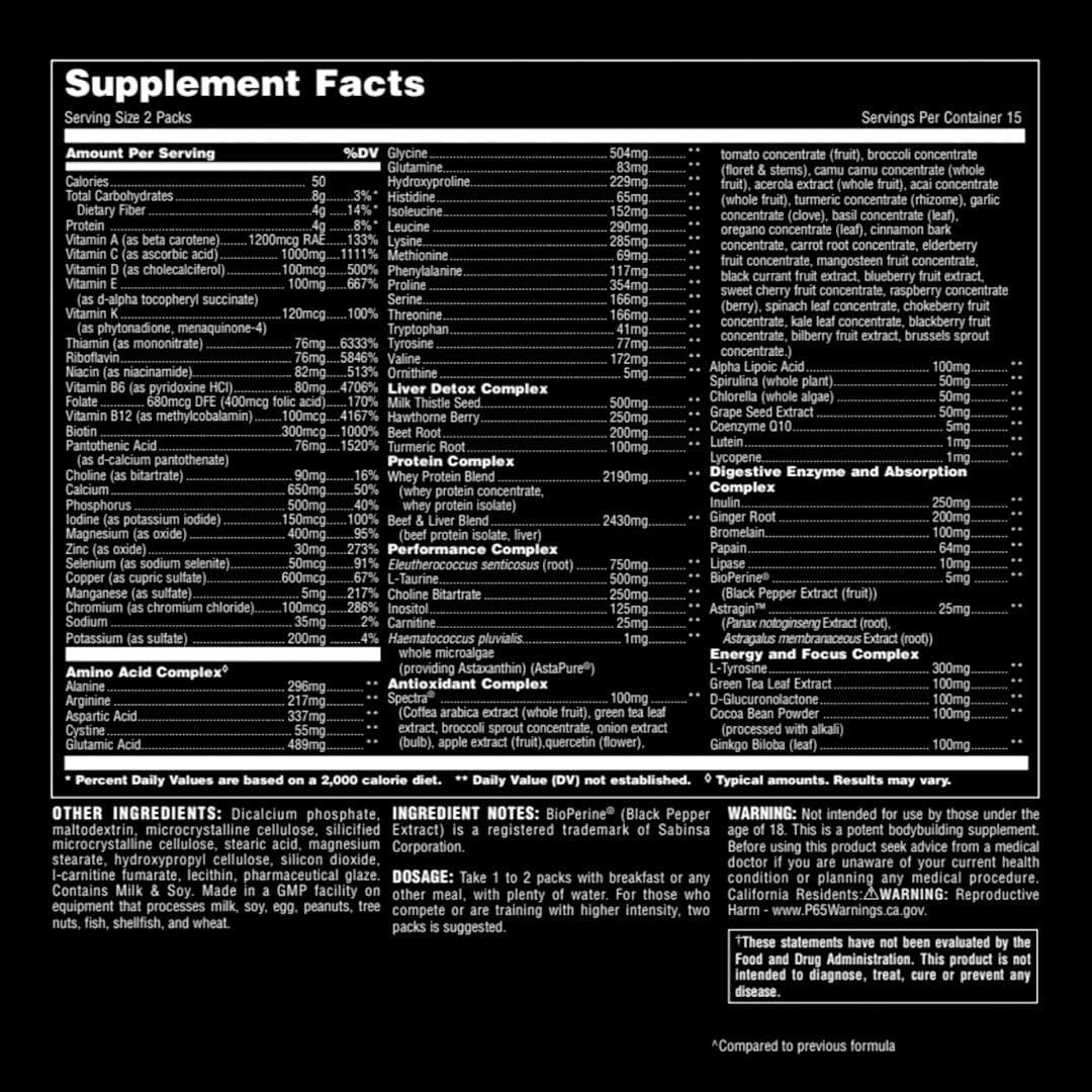 Tabela de informações nutricionais Animal Pak 30 packs com vitaminas, minerais e complexos de aminoácidos.