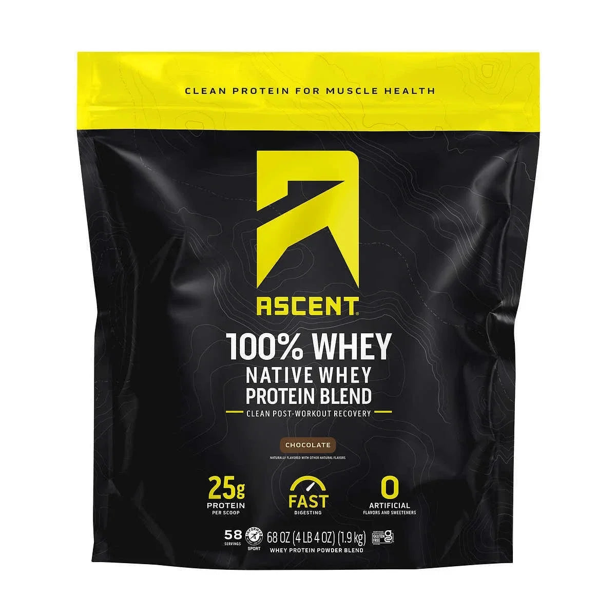 Ascent 100% Whey Native Whey Protein Blend sabor Vanilla Bean 1,9 kg - frente da embalagem sabor Chocolate.