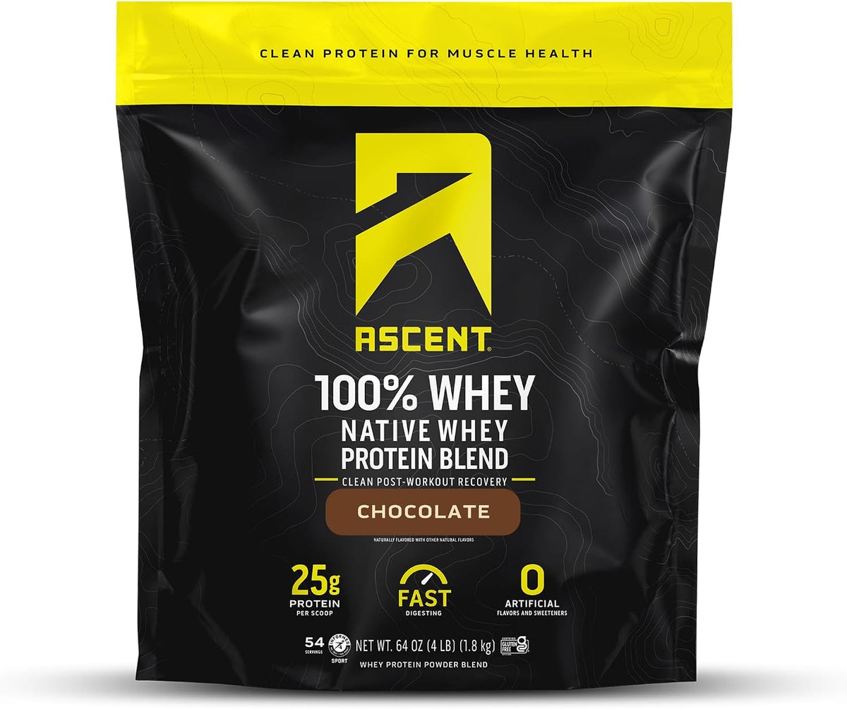 Ascent 100% Whey Native Whey Protein Blend sabor Chocolate 1,9 kg - frente da embalagem.